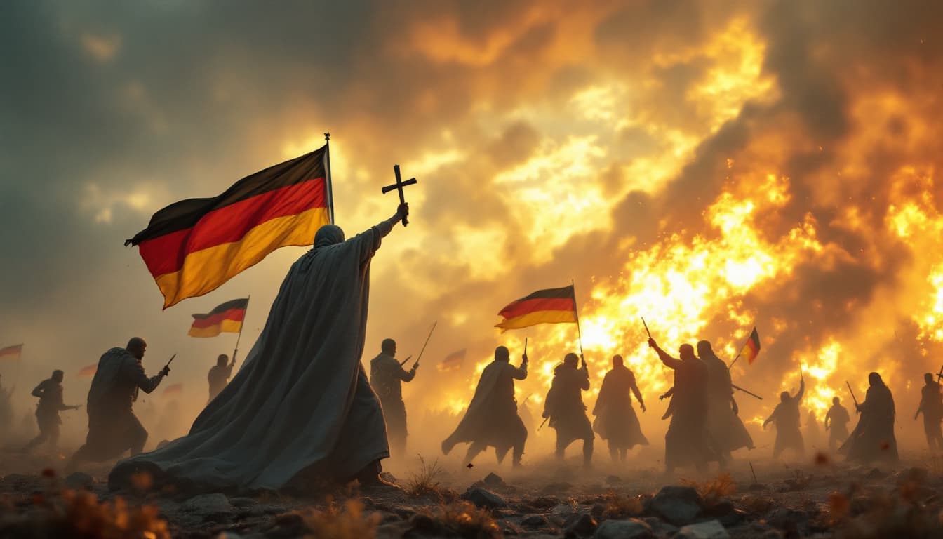 AI generated: modern scene of Christians and Muslims fighting together against evil terrorists, German flags can b...