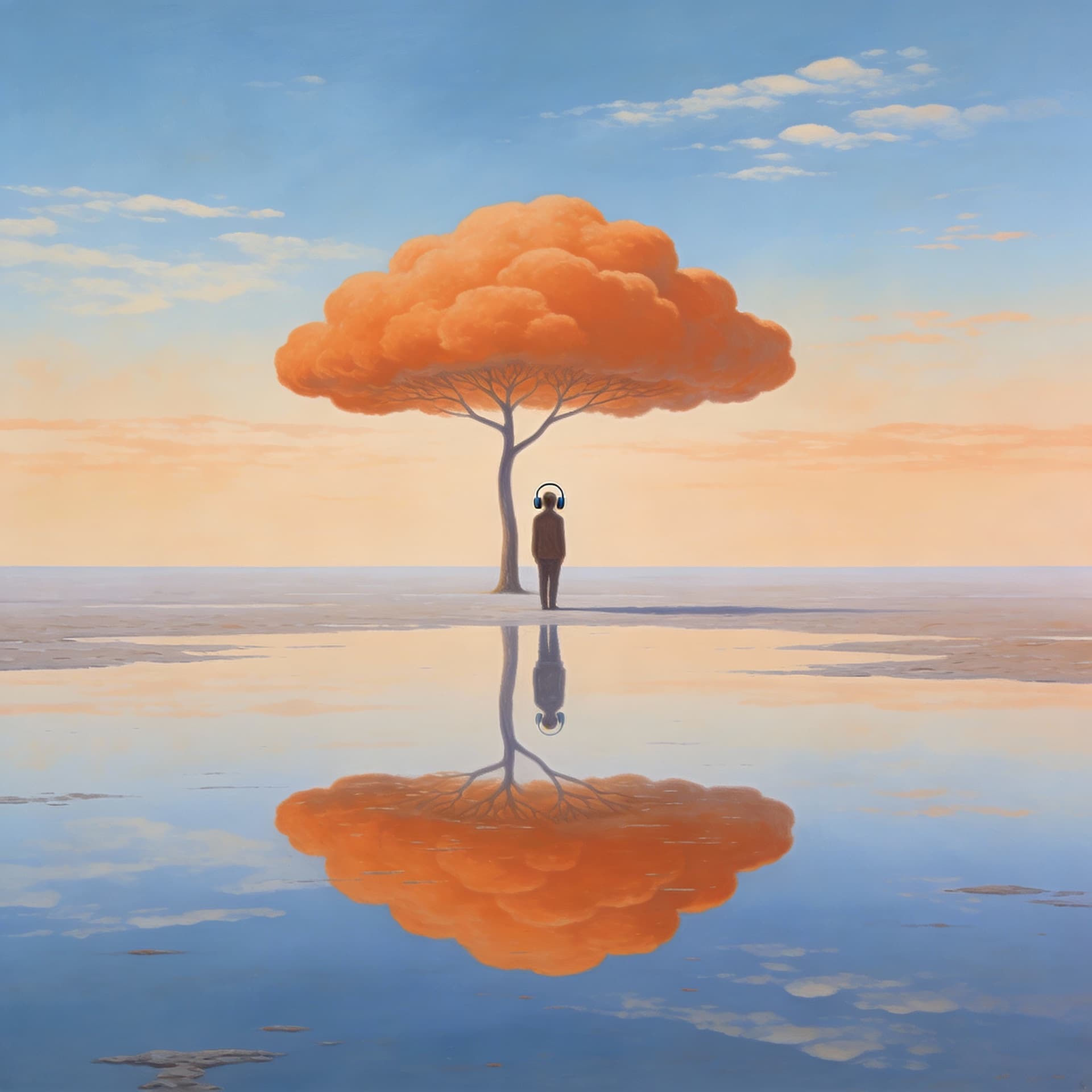 AI generated: Minimal surrealist landscape in a calm, cinematic style. A solitary figure stands beneath a tall, el...
