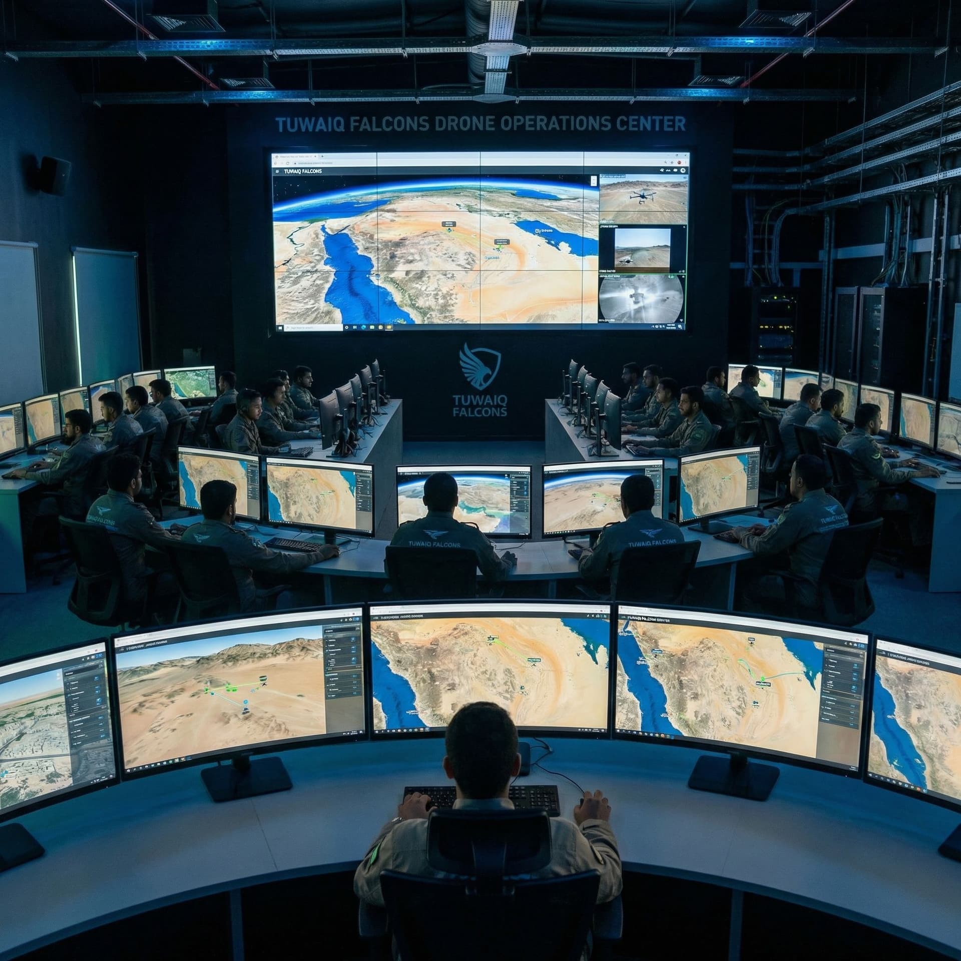 AI generated: Tuwaiq Falcons drone operations center — interior shot, glowing monitors tracking multiple UAS in fl...