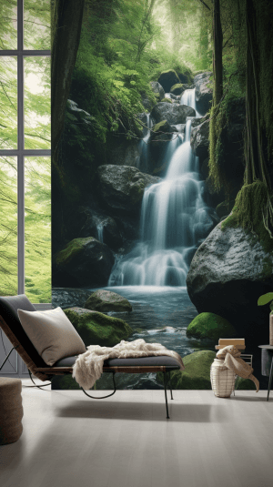 AI generated: Wallpaper, a graceful waterfall over a lush forest, by a renowned animation studio, in the style of ...