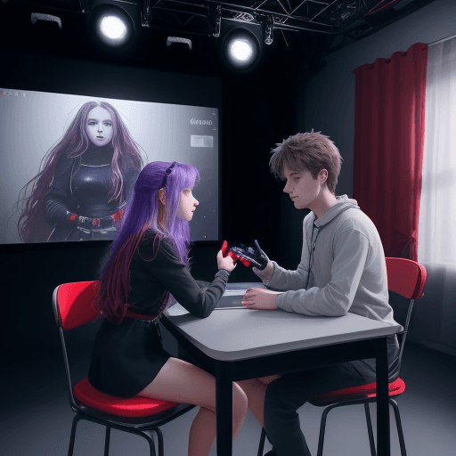 AI generated: A girl and a guy are sitting, there is a red button on the table,they are in the video studio, the m...