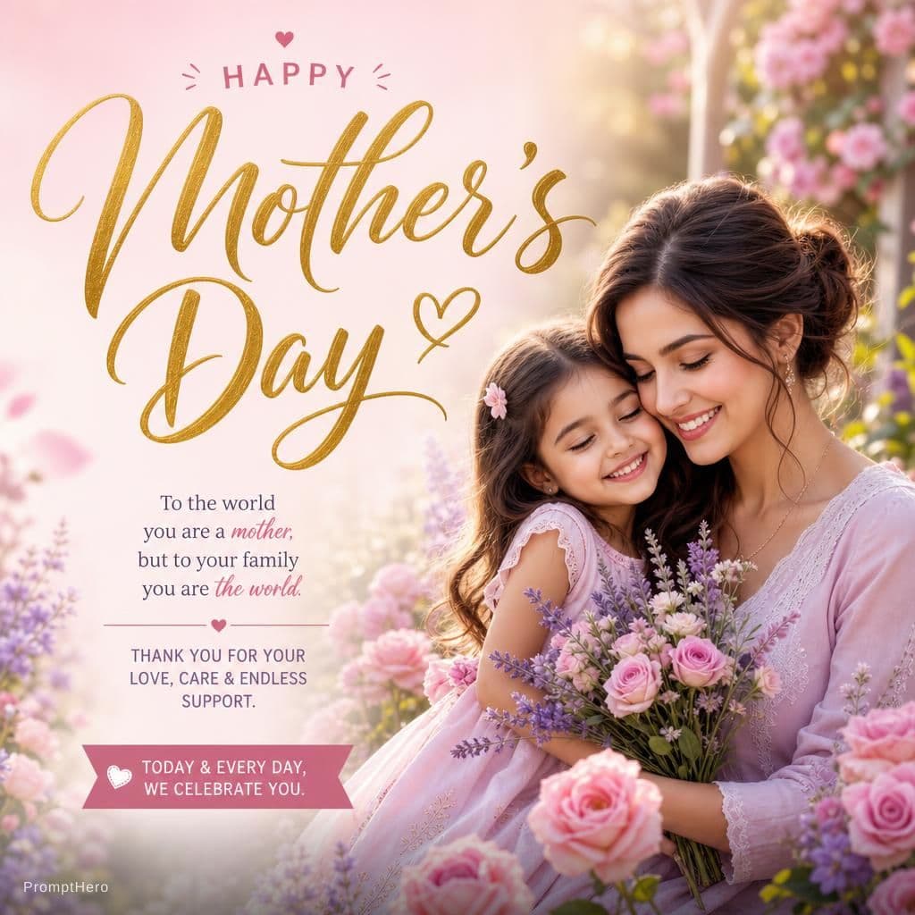AI generated: [Mother's Day] wishes poster, featuring [a smiling mother and daughter in a blooming flower garden],...