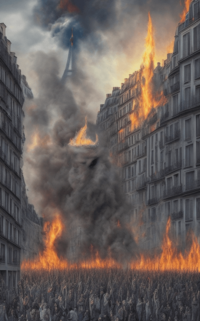 AI generated: Hyper realistic eye level of an apocalipse led by unicorns in Paris, horror in peoples face, with fi...