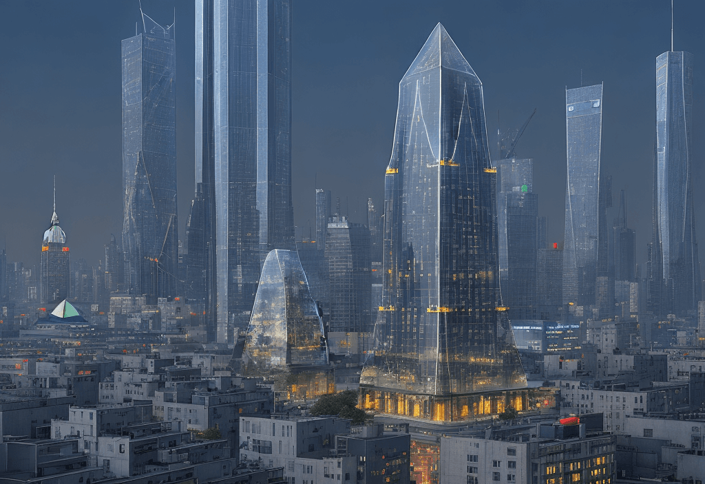 AI generated: Night , transparent glass pyramid building,skyscraper, science fiction scene, high-tech city street ...