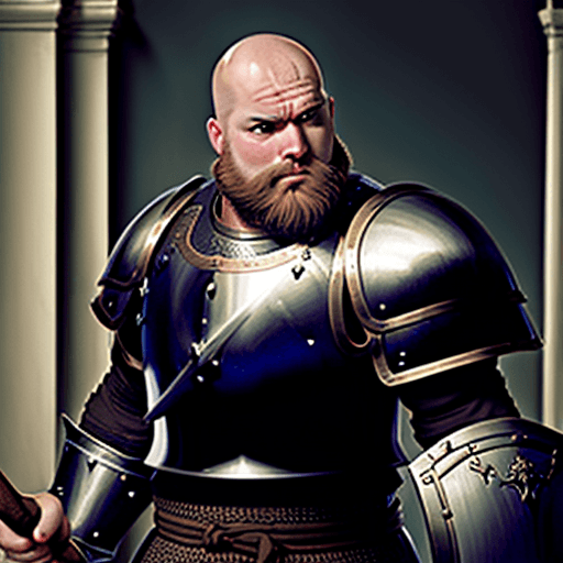 AI generated: short fat old bald beardless man in plate armour with a heavy warhammer, baroque painting