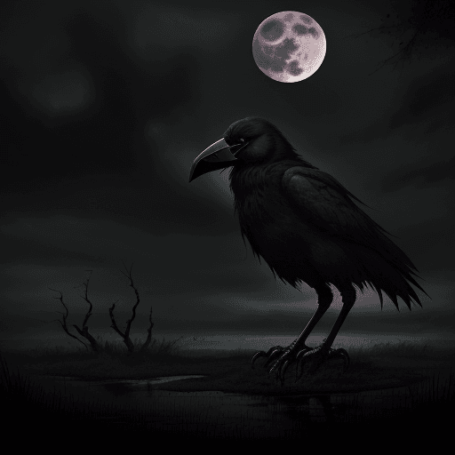 AI generated: swamp under a gloomy sky, with a crow perched on a decayed skull. The full moon behind the crow make...
