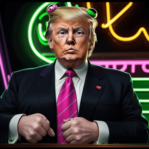 AI generated: President Donald Trump dressed in frog business, stares at the camera with a smile, as he points at ...