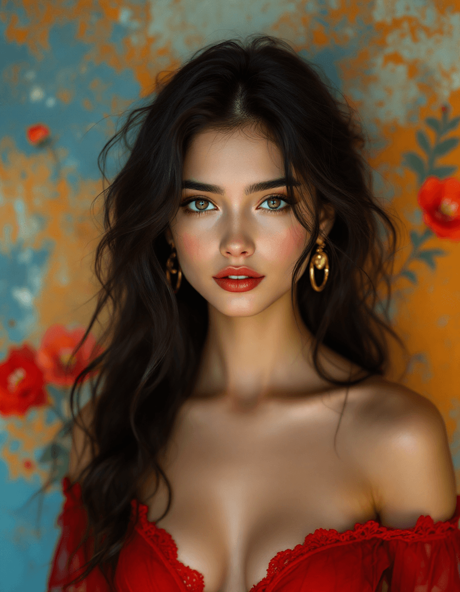 AI generated: A stunning young woman with deep, expressive eyes and delicate features gazes directly at the viewer...