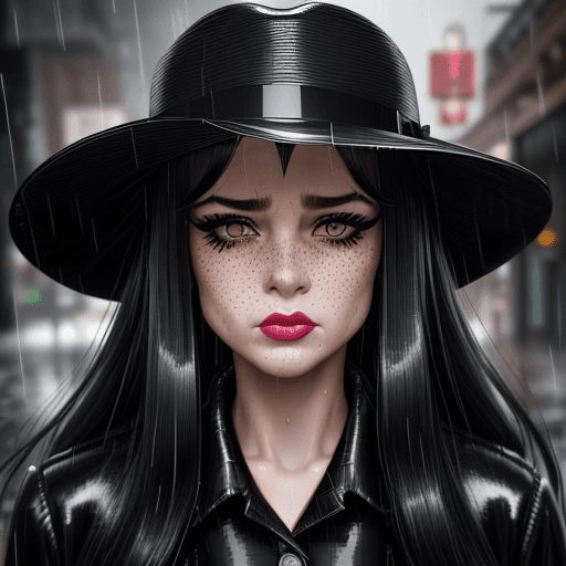 AI generated:  street, (scowl), (heavy rain), (walking), (blush) ((bangs)), long hair, ((black 1940's fedora)), fr...