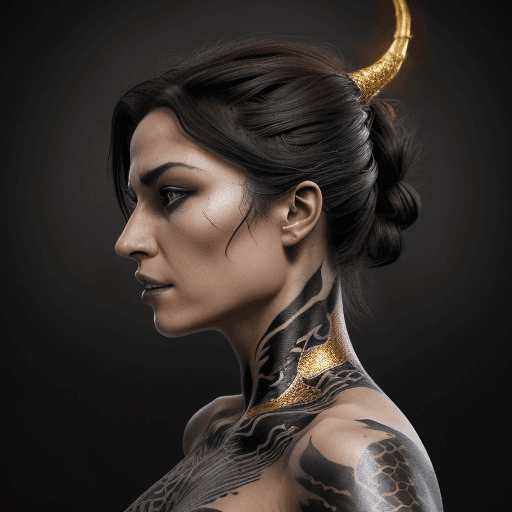 AI generated: An image of a woman in profile with brunette hair tinged with dark grey highlights. A detailed 3D pi...