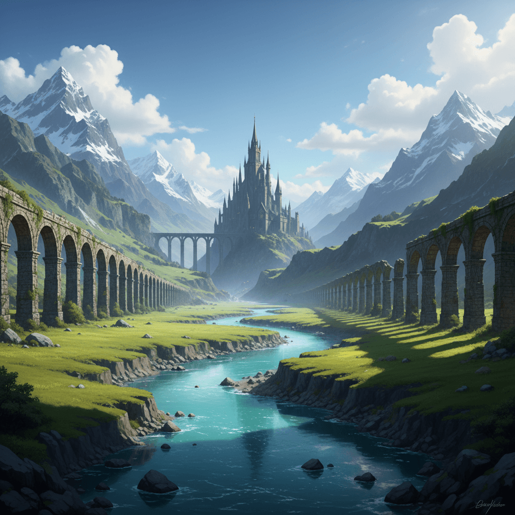 AI generated: Wide side view near the mountain slope, camera at ground level, showing ruins and river curving towa...