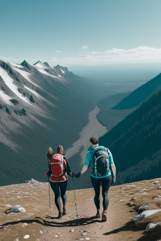 AI generated: Prompt: two people on a mountain hike