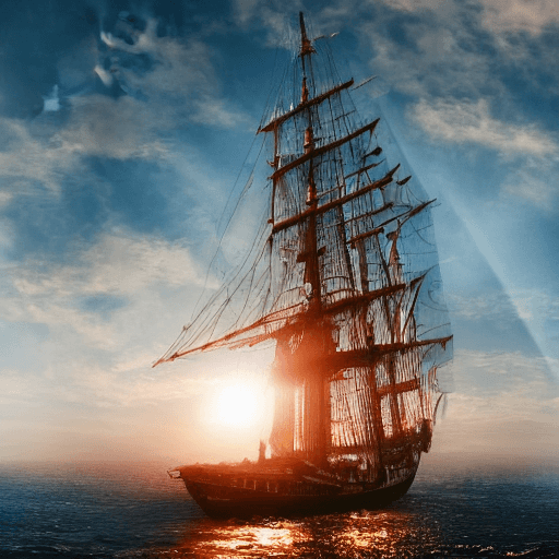 AI generated: photo of a sailing ship, dramatic light, pale sunrise, cinematic lighting, battered, low angle, 4k, ...