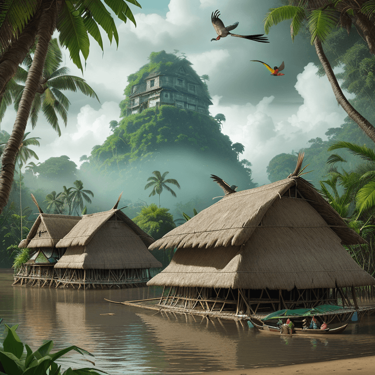 AI generated: In the Amazon River there is a parrot flying and there are thatched huts on the river bank. Highly d...