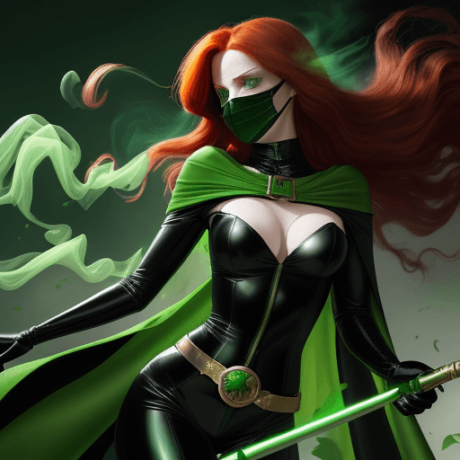 AI generated: we are seeing a female with long red hair, wearing a metallic green and black catsuit, green metalli...