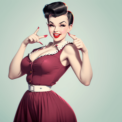 AI generated: chest focus, (dynamic angle), (1female pinup), profile, clothing:(50s style rockabilly dress), smili...