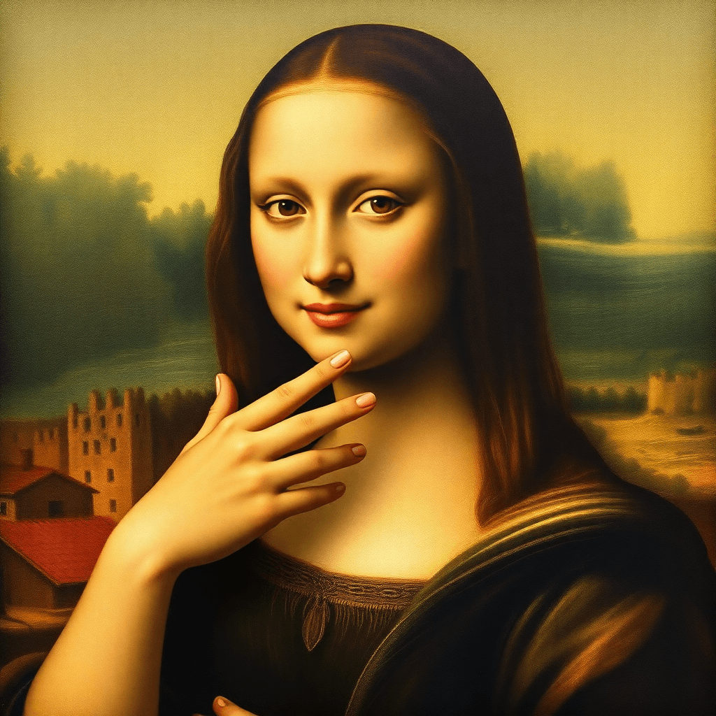AI generated: Mona Lisa with her fingers holding her NOSE. Leonardo Da Vinci, Renaissance paintings --ar 4:5 --sty...
