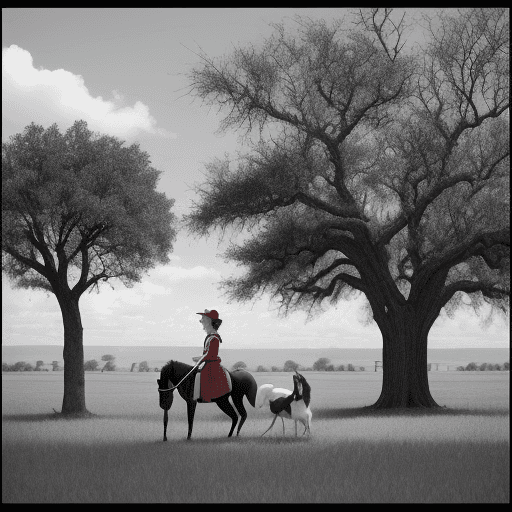 AI generated: Photo of a woman, with a little girl , a dorg  green and a cat red, an appe braun  and a bird black ...