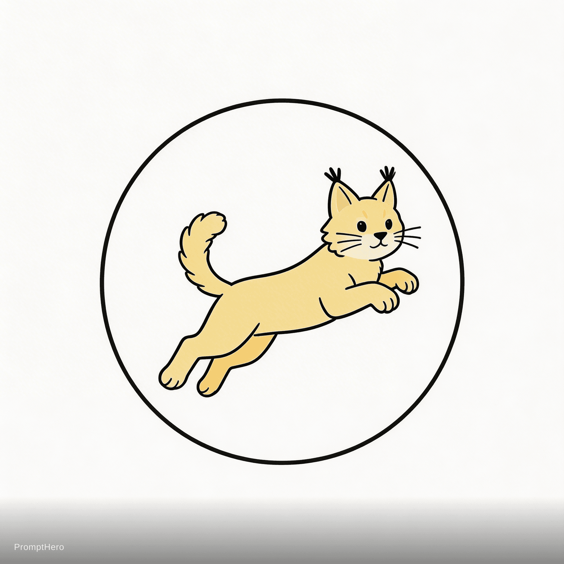 AI generated: a pastel yellow color cartoon lynx, jumping, in a circle 
