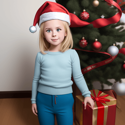 AI generated: a 5-year-old blonde girl in full growth in a New Year's cap stands next to a Christmas tree in blue ...