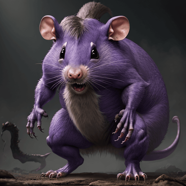 AI generated: front view of a prehistoric, wild, ugly, scary, giant violet rat, standing , 8k
