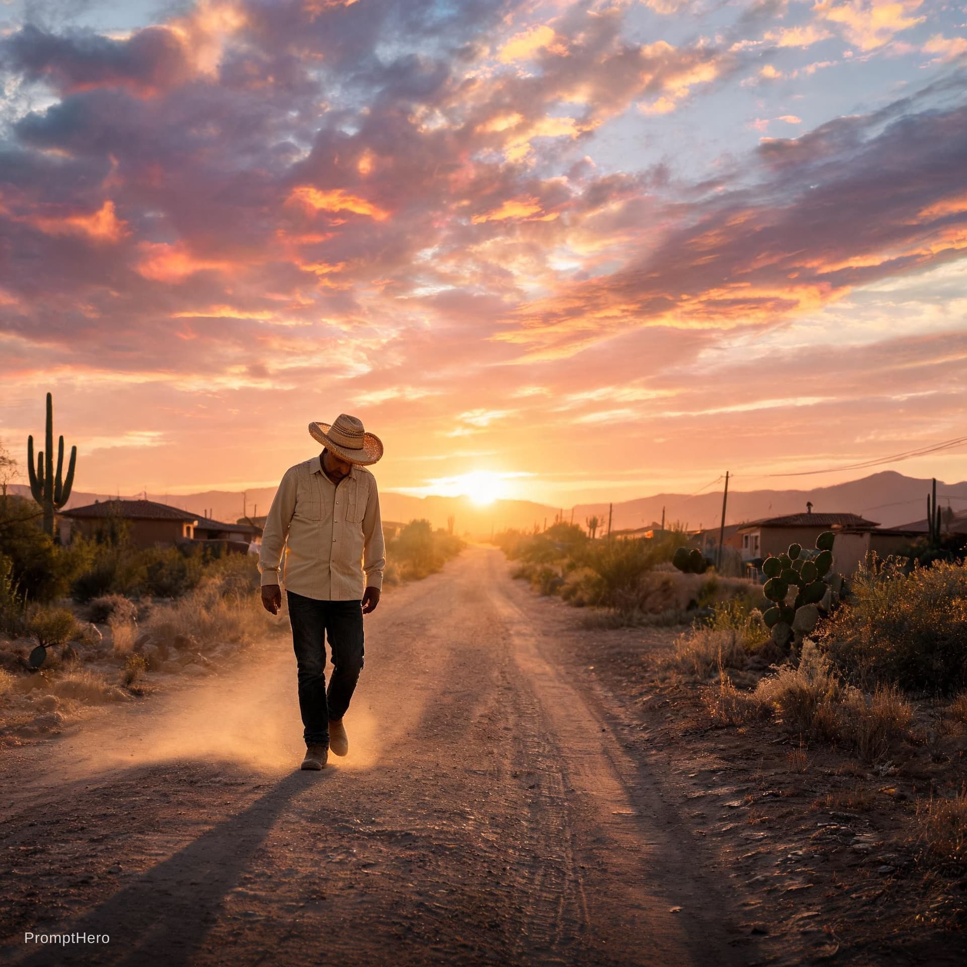 AI generated: Lonely Mexican man walking slowly through dusty rural road at sunrise, cinematic realism, emotional ...