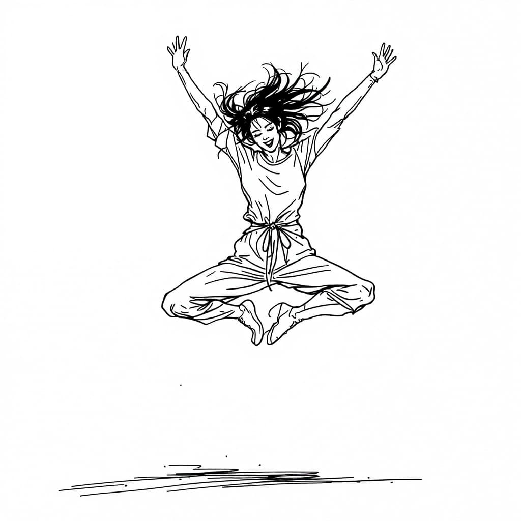 AI generated: minimalist line art drawing of a punk girl dancer leaping joyfully, sketched in continuous black lin...