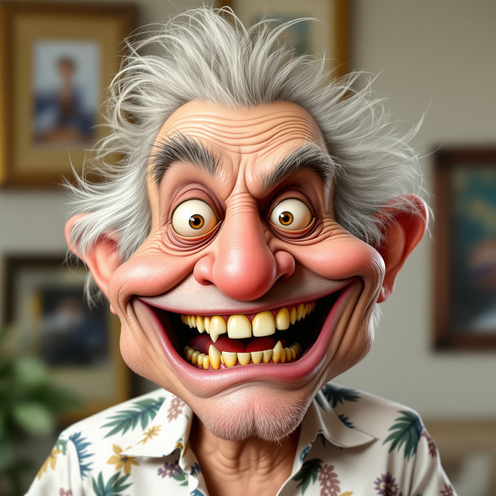 AI generated: funny caricature, exaggerated cartoon human, male, 77 years old, wild- silver haired, big-nosed, too...
