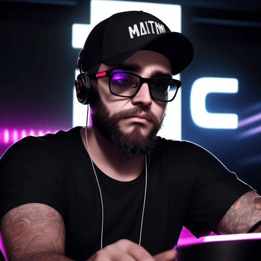 AI generated: A DJ with a beard and glasses, a baseball cap and black t-shirt, headphones, entertainment in a vibr...