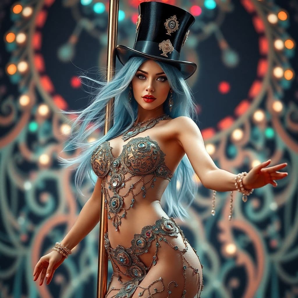 AI generated: Psychedelic, surreal Whole body, solo, outstanding woman, Melina Trump as a female pole dancer in a ...