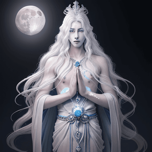 AI generated: The moon god appears as a slender, ethereal figure, with silver hair that falls in soft waves to his...