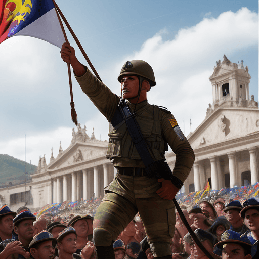 AI generated: Hyper realistic portrait of a colombian soldier stomping of a Pacto Historico flag with a crowd chee...
