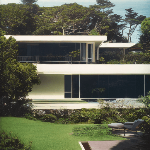 AI generated: Hyper realistic eye level exterior photo of a mid century modern style house overlooking the ocean, ...