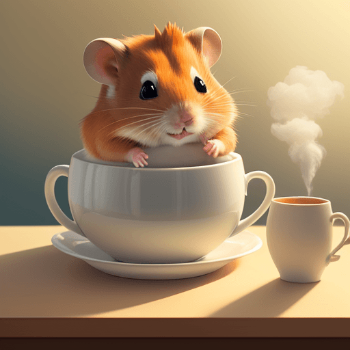 AI generated: ginger hamster sitting on a desk, holding a large steaming cup of tea. Hamster is waving at the came...