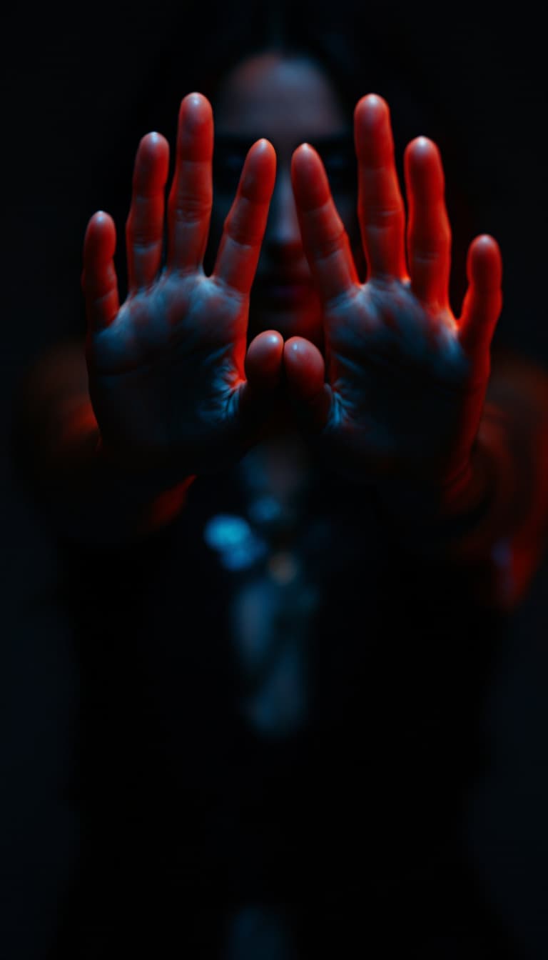 AI generated: woman standing with her hands in front of her eyes palms facing towards the viewer, cinematic lighti...