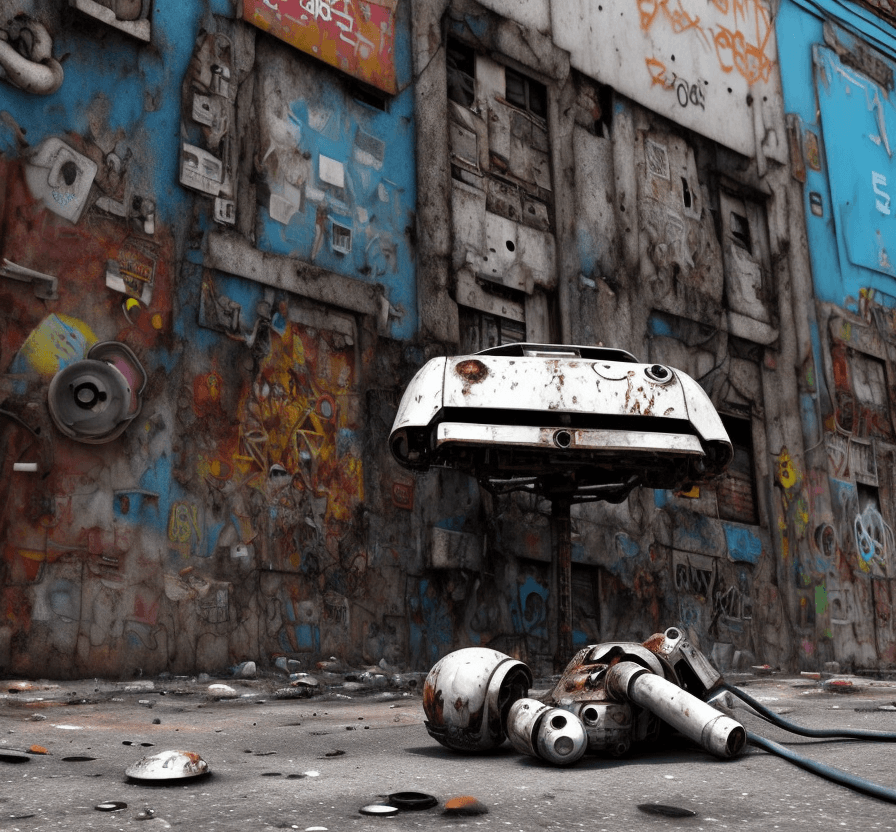 AI generated: a  lost  rusted white big robot  is dead. It is lying on its back on  the ground in the street in a ...