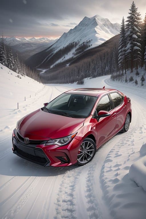 AI generated: Beautiful new red Toyota Corolla, parked on a mountain road, snowing, cinematic, advertising photogr...