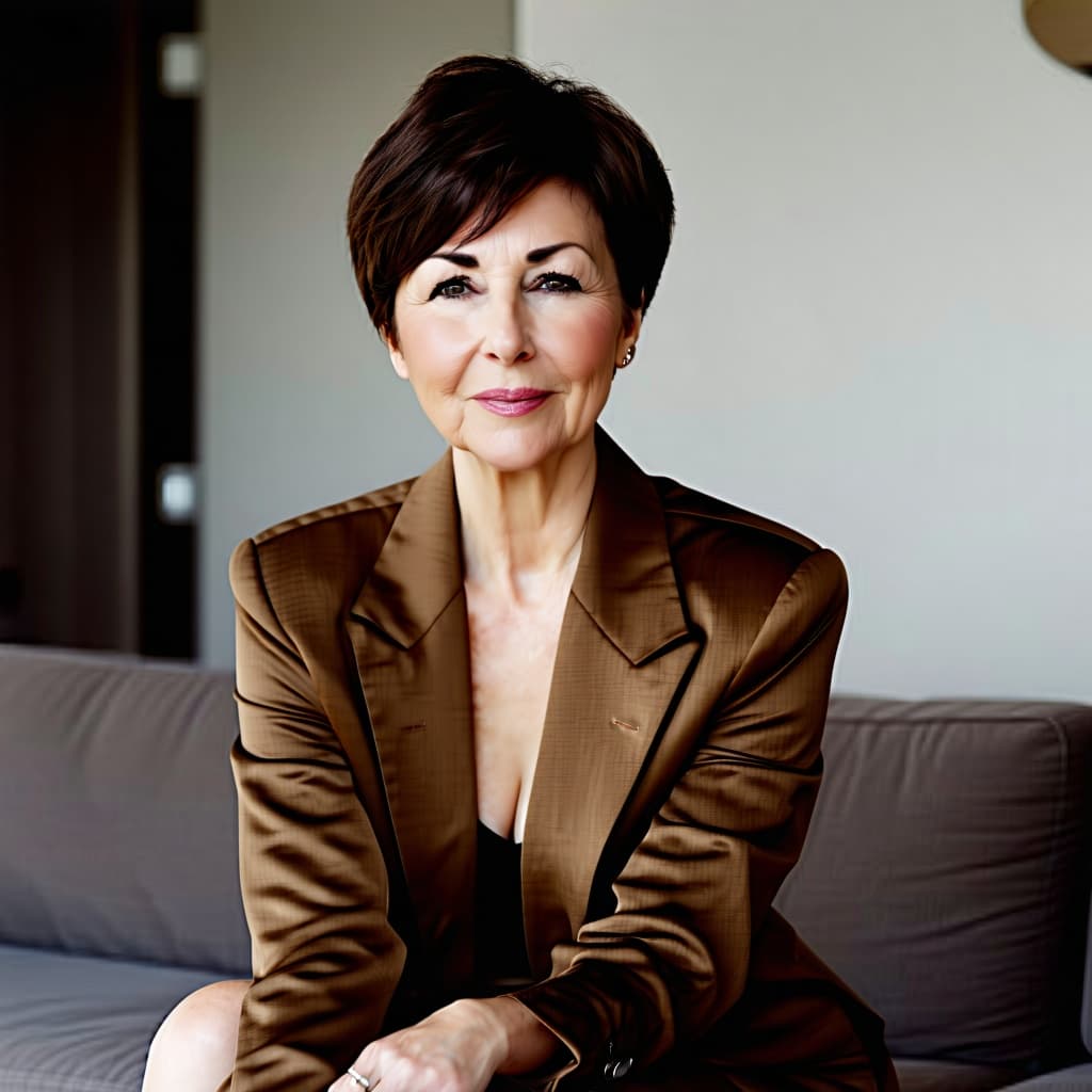 AI generated: A portrait of a milf with short dark brown hair, sitting on a couch, wearing a brown fantasy blazer ...