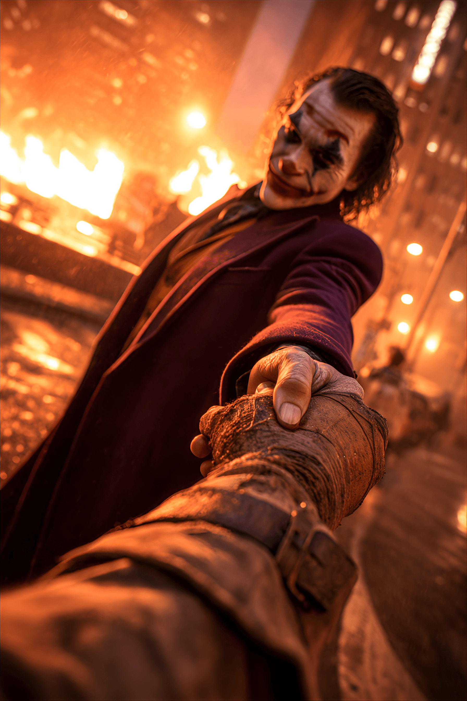 AI generated: He is wearing a dark purple coat, and his face is  characteristic of the Joker, with painted makeup ...