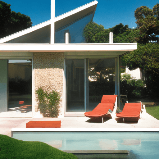 AI generated: Hyper realistic eye level exterior photo of a mid century modern style house overlooking the ocean, ...