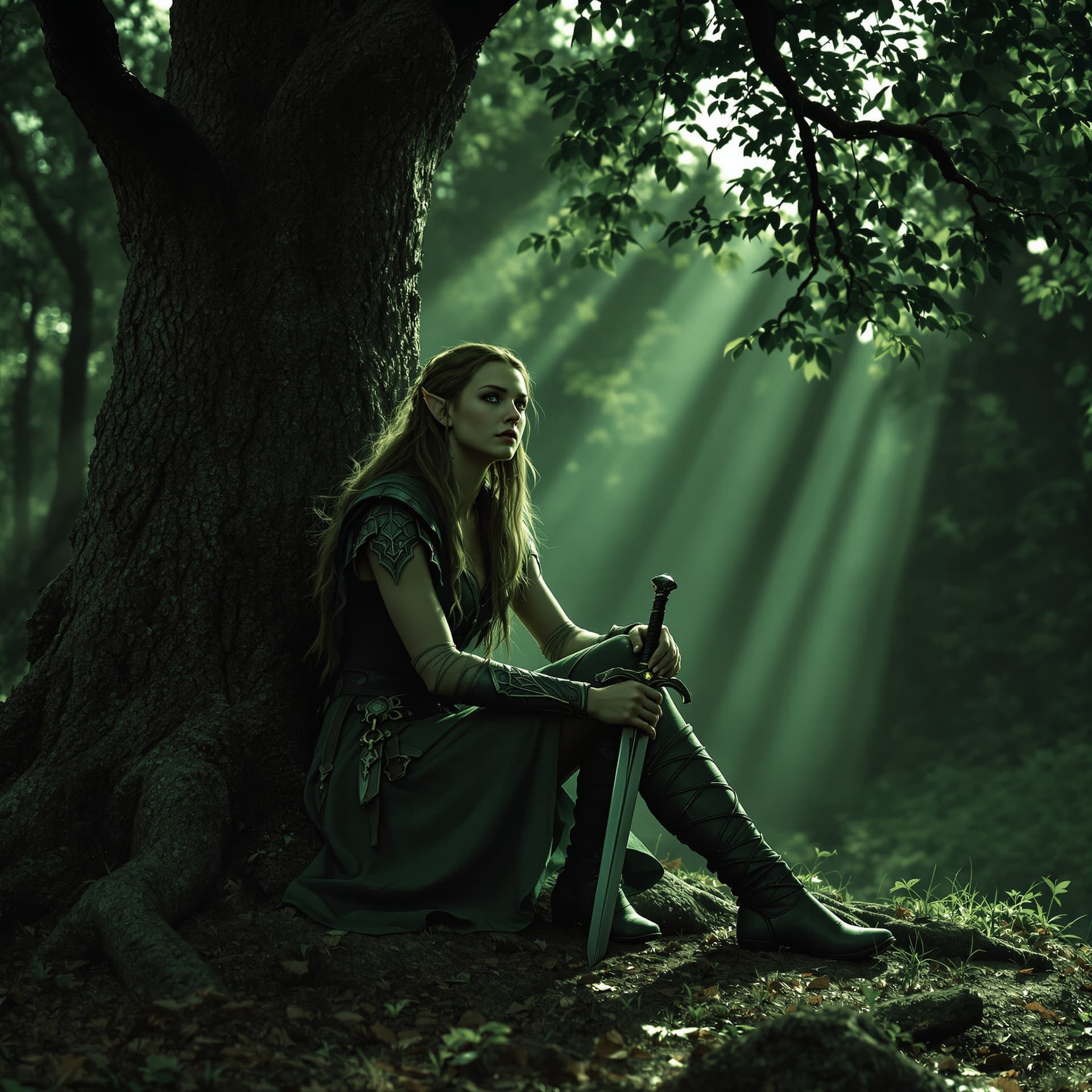 AI generated: female lord of the rings warrior elf sitting under a tree in Lothlórien, watching and expecting an i...