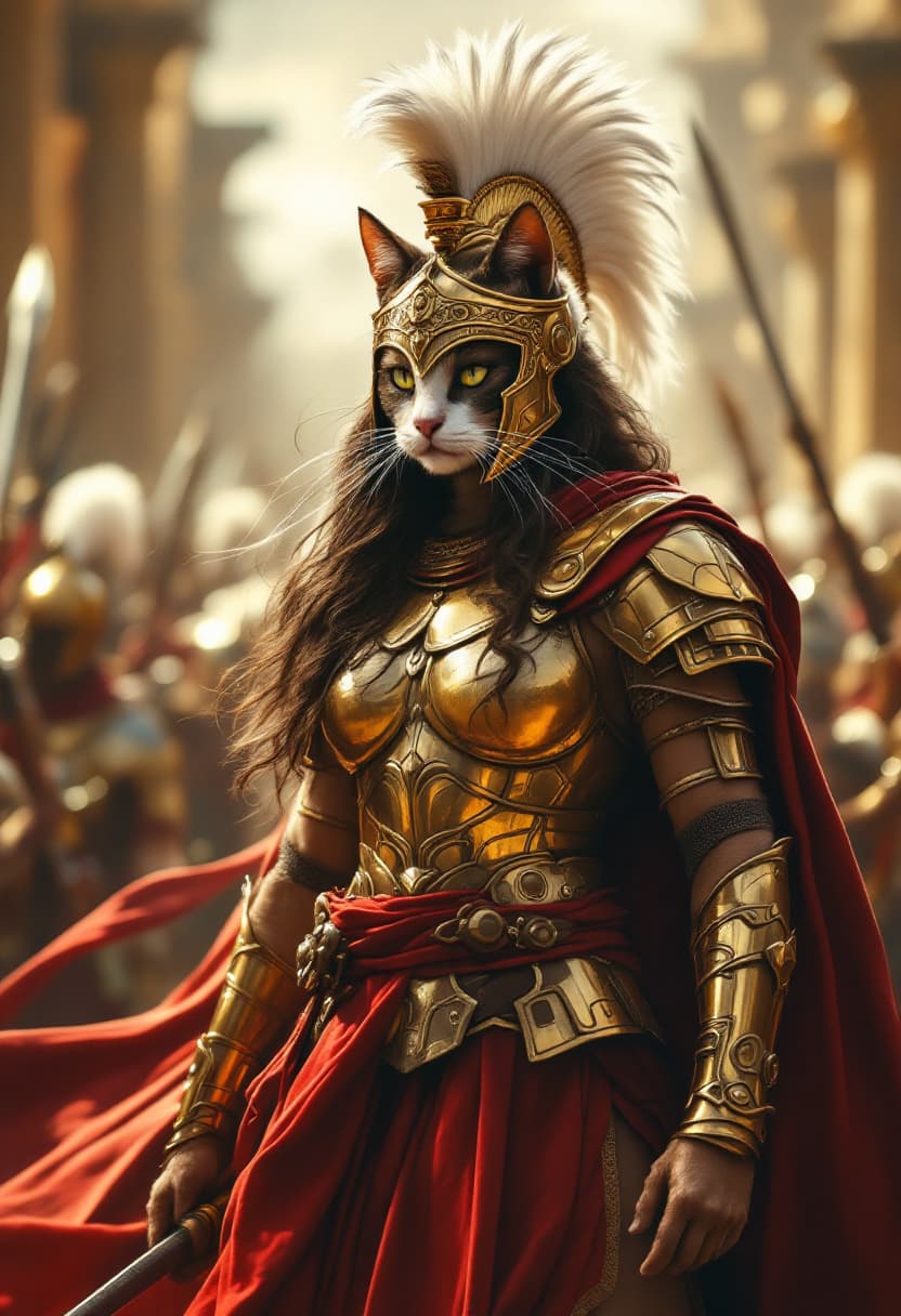 AI generated: Visualize an epic scene depicting a legendary cat warrior from ancient times, standing resolute in t...