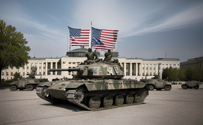 AI generated: High resolution photography outdoor design in front of American flag and symbols, General Patton is ...