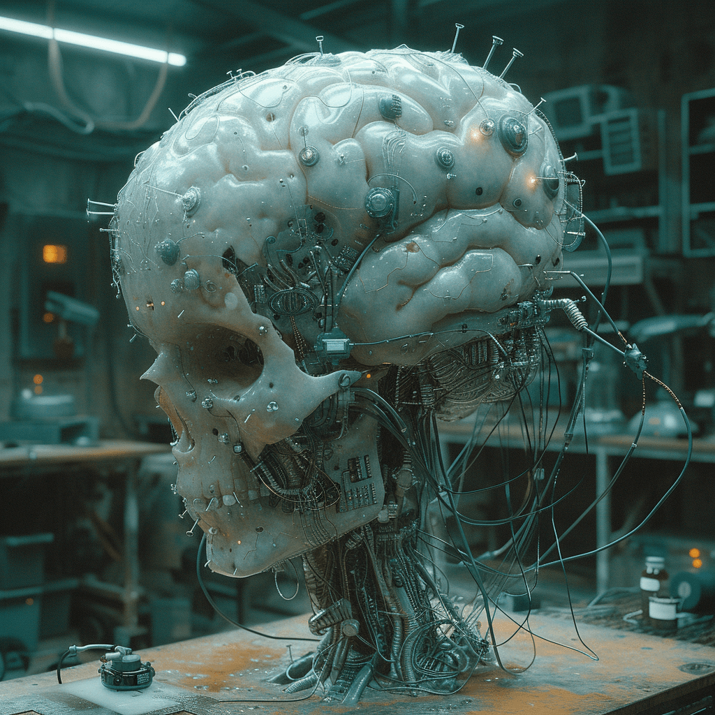AI generated: a scientific cyborg with a cyber artificial brain, highly structured with new materials, ultra conne...