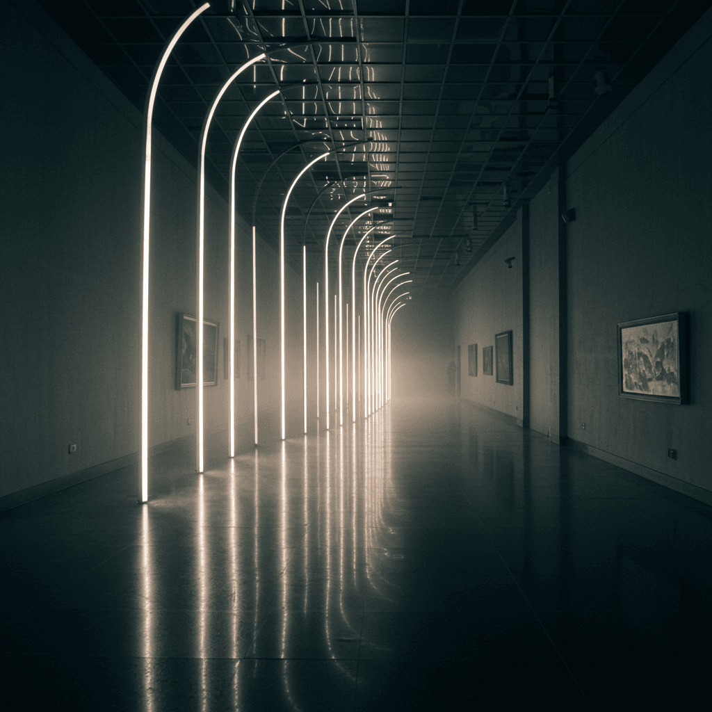 AI generated: Photorealistic scene of a contemporary art gallery entrance featuring a minimalist, curved light ins...