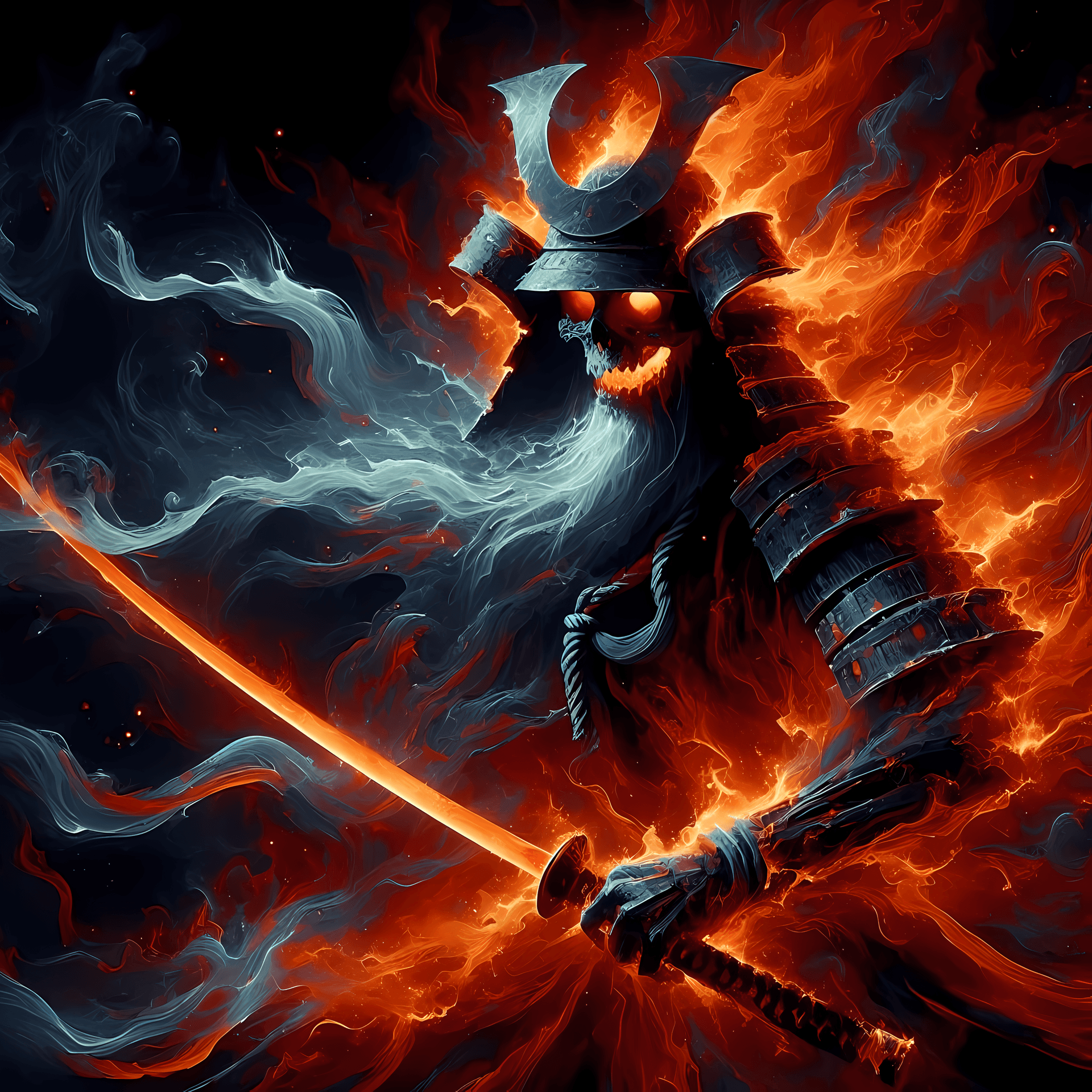 AI generated: flaming samurai ghost, Digital painting, digital medium, contemporary era, predominantly dark palett...