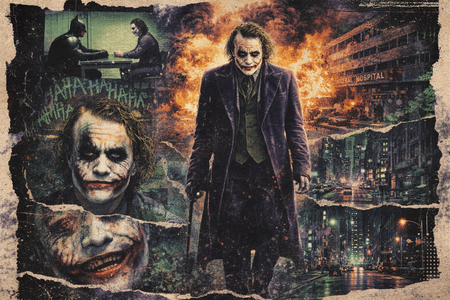 AI generated: A retro vintage collage design of Heath Ledger as the Joker. The central image shows him walking in ...