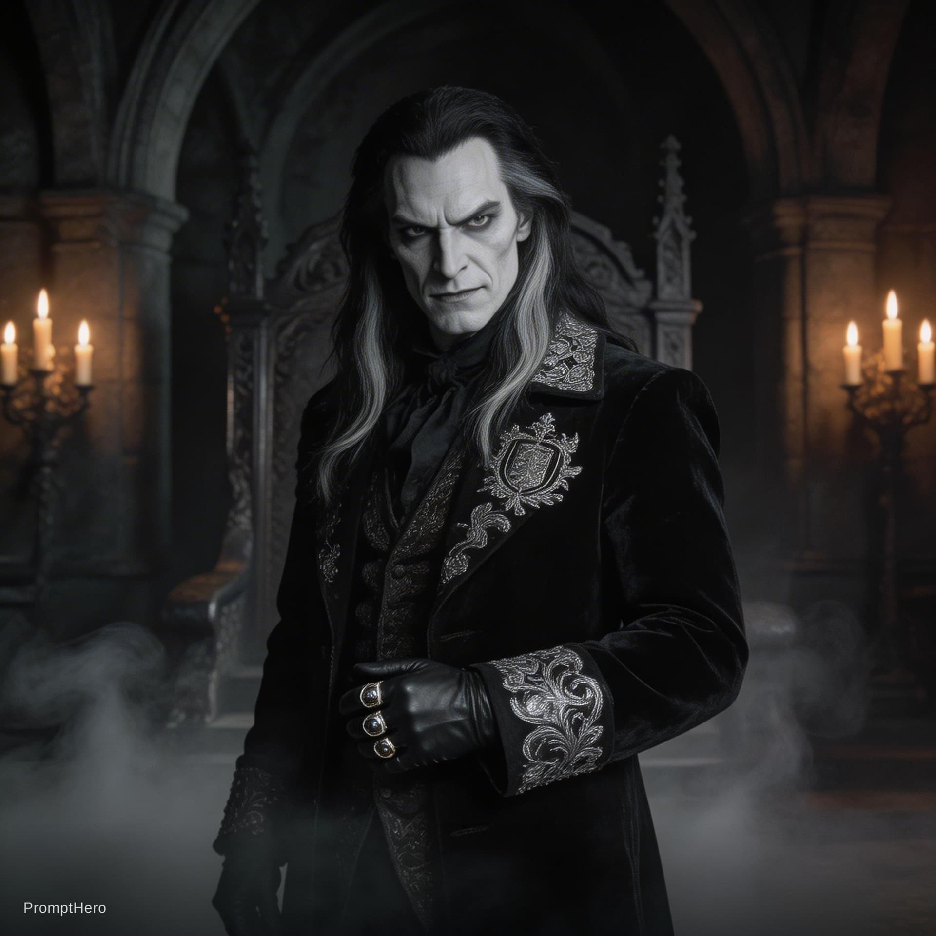 AI generated: Dark evil king, gothic Victorian style inspired by Sweeney Todd and Fleet Street atmosphere, pale sk...
