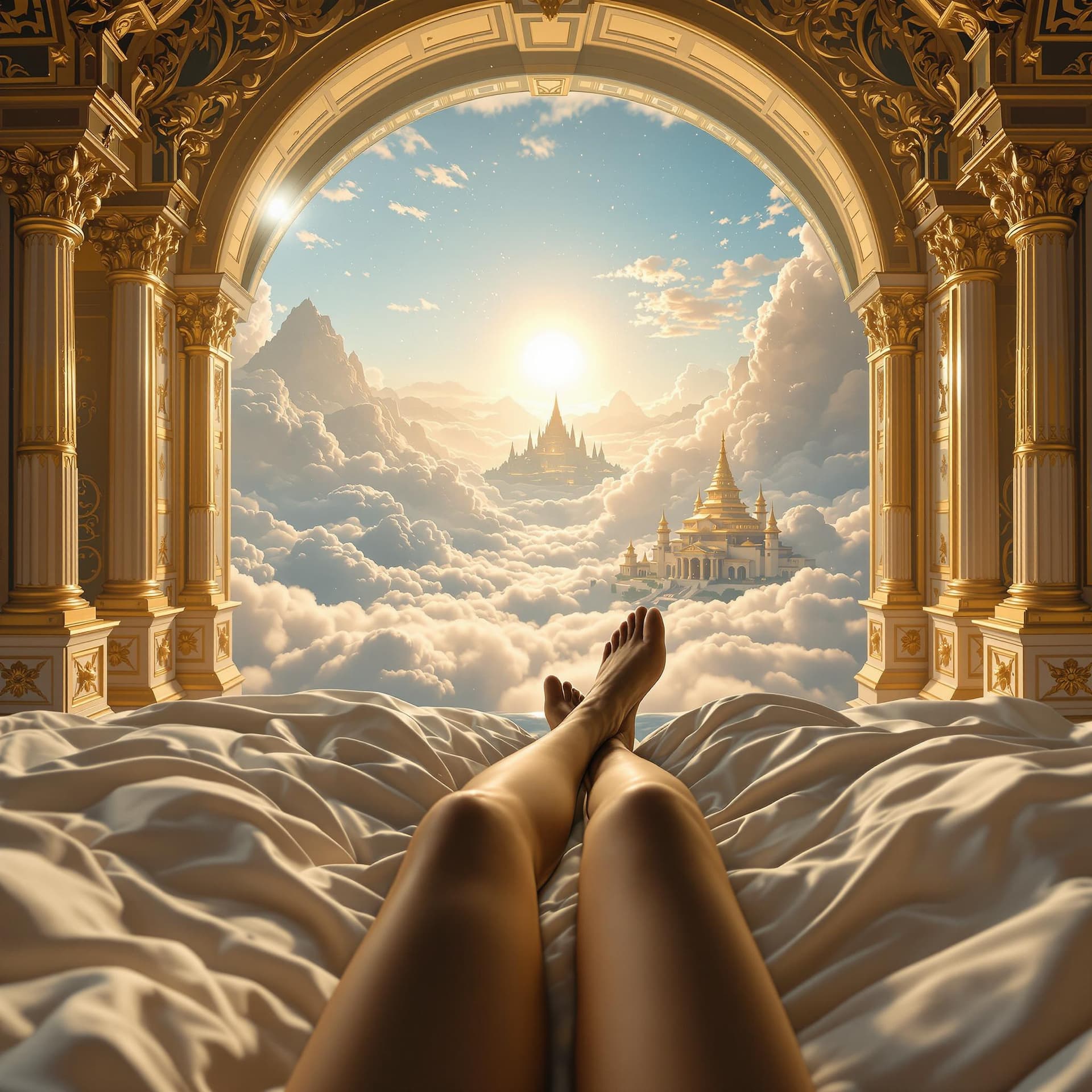 AI generated: Create a first-person perspective cinematic scene of waking up in heaven. The camera starts with a s...