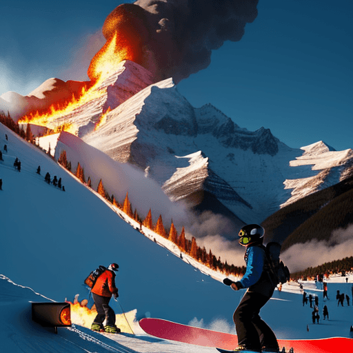 AI generated: Photo of a realistic mountain and snowboarders and fire